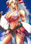  1girl aduti_momoyama armlet arms_behind_back bangs bare_shoulders bikini blue_flower blue_rose blue_sky breasts cleavage cloud collarbone curled_horns day eyelashes fire_emblem fire_emblem_heroes flower flower_necklace freyja_(fire_emblem) goat goat_horns hair_between_eyes highres horns inflatable_toy large_breasts lei loincloth long_hair navel outdoors parted_lips pink_flower plant red_eyes red_horns rose showgirl_skirt sky solo standing swimsuit thighs thorns very_long_hair vines water wet white_bikini white_flower white_hair yellow_flower 