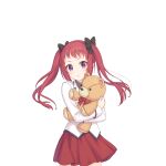  1girl ayane_(princess_connect!) bow hair_bow jacket long_hair official_art princess_connect! purple_eyes red_hair red_skirt skirt stuffed_animal stuffed_toy teddy_bear transparent_background twintails white_jacket 