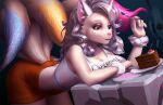  anthro bottomwear breasts cake cleavage clothed clothing cutlery dessert digital_media_(artwork) fan_character female food fur generation_1_pokemon glitter hair hi_res inner_ear_fluff kitchen_utensils lipstick makeup multi_tail multicolored_eyes multicolored_hair multicolored_tail ninetales nintendo pink_nose pinkerie pokemon pokemon_(species) portal_(series) shaded shorts solo spoon tools tuft valve video_games weighted_companion_cube white_body white_fur 