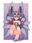  1girl absurdres barefoot bell bell_earrings black_nails blush border choker closed_mouth collarbone commission desco_(disgaea) disgaea dress earrings elbow_gloves empty_eyes english_commentary extra_eyes feet foot_focus gloves hair_between_eyes highres horns jewelry looking_at_viewer lululewd monster_girl multicolored_clothes multicolored_gloves nail_polish outstretched_hand panties pointy_ears purple_background purple_dress purple_gloves purple_hair red_eyes red_gloves red_horns ringed_eyes short_hair simple_background slit_pupils smile soles solo tentacles toenail_polish toenails toes underwear white_border white_panties yellow_eyes 