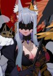  1girl absurdres animal_ears baiyue bangs black_blindfold black_dress black_gloves blindfold breasts cleavage cleavage_cutout clothing_cutout commentary dress facial_mark facing_viewer flower forehead_mark fox_ears fox_girl fox_mask fox_tail gloves grey_hair hair_flower hair_ornament highres holding holding_staff juliet_sleeves long_hair long_sleeves looking_at_viewer mask mask_removed medium_breasts multiple_tails nijisanji nijisanji_en nina_kosaka official_alternate_costume puffy_sleeves red_flower smile solo staff symbol-only_commentary tail virtual_youtuber 