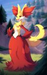  2022 ambiguous_gender anthro chest_tuft delphox detailed_background forest fur generation_6_pokemon inner_ear_fluff looking_at_viewer mountain nintendo open_mouth outside plant pokemon pokemon_(species) red_body red_fur scarlet-spectrum scarlet_spectrum signature smile solo tree tuft video_games white_body white_fur yellow_body yellow_fur 