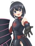  1girl :d absurdres ahoge armor armored_skirt bangs bare_shoulders black_armor black_gloves black_hair bob_cut breastplate commentary elbow_gloves gloves hair_between_eyes hair_ornament head_tilt highres holding holding_shield itai_no_wa_iya_nano_de_bougyoryoku_ni_kyokufuri_shitai_to_omoimasu light_blush looking_at_viewer maple_(bofuri) nao_suke open_hand open_mouth outstretched_arm outstretched_hand panties panty_peek purple_eyes reaching_towards_viewer red_gloves red_panties red_shirt shield shirt short_hair simple_background sleeveless sleeveless_turtleneck smile solo standing tower_shield turtleneck underwear upper_body white_background 