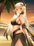  1girl absurdres arknights beach bikini black_bikini black_hair blush breasts chinese_commentary closed_mouth cowboy_shot demon_horns from_side grey_hair hair_ornament highres horns infection_monitor_(arknights) long_hair looking_at_viewer medium_breasts mili_(pixiv24297867) mudrock_(arknights) mudrock_(silent_night)_(arknights) multicolored_hair ocean official_alternate_costume oripathy_lesion_(arknights) outdoors palm_tree pointy_ears red_eyes sarong sash see-through sideboob smile solo standing sunset swimsuit tree two-tone_hair wet 