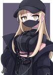  1girl baseball_cap black_headwear black_jacket black_mask black_shirt black_skirt breasts brown_eyes chest_harness cropped_shirt harness hat highres jacket leather_belt light_brown_hair long_hair long_sleeves looking_at_viewer mask medium_breasts mouth_mask negiponzu nijisanji official_alternate_costume open_clothes open_jacket shirt short_sleeves sister_cleaire skin_tight skirt solo straight_hair suspender_skirt suspenders t-shirt taut_clothes taut_shirt virtual_youtuber 