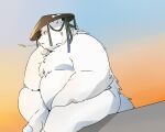  2022 anthro belly big_belly canid canine canis clothing domestic_dog hat headgear headwear hi_res inunoshippo kemono leaf male mammal moobs overweight overweight_male sitting solo 