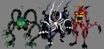  3boys absurdres bodysuit carnage_(marvel) claws cyberlord1109 doctor_octopus formal green_bodysuit grey_background highres long_tongue marvel mask mechanical_tentacles monster_boy multiple_boys muscular muscular_male open_mouth otto_octavius redesign sharp_teeth slime_boy spider-man_(series) suit symbiote teeth tentacles tongue venom_(marvel) very_long_tongue 