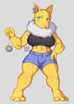  1girl barefoot black_sports_bra blue_shorts breasts coin coin_on_string colored_skin earrings furry furry_female grey_background hand_on_hip hdhx highres hypno jewelry large_breasts midriff navel neck_fur no_mouth pokemon pokemon_(creature) shorts signature simple_background solo sports_bra standing yellow_skin 