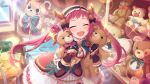  1girl ayane_(princess_connect!) bow closed_eyes dress hair_bow long_hair official_art open_mouth princess_connect! red_hair stuffed_animal stuffed_toy teddy_bear 