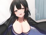  asmr black_hair black_shirt bow bow_bra bra breasts cleavage collarbone foreshortening from_below girl_on_top grey_hair highres hoshimiya_aki indoors lace_trim large_breasts light_blush long_hair long_sleeves looking_at_viewer official_art open_mouth original pov reaching_towards_viewer shirt smile underwear upper_body 