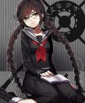  1girl arm_support bangs black_footwear black_serafuku black_skirt book book_on_lap braid brown_eyes brown_hair closed_mouth danganronpa_(series) frown fukawa_touko glasses grey_background hair_between_eyes long_hair long_sleeves looking_away monochrome_background neckerchief open_book red_neckerchief round_eyewear sailor_collar school_uniform serafuku sitting skirt sleeve_cuffs socks solo striped striped_background sweat tsurime twin_braids wariza white_sailor_collar white_socks wonoco0916 