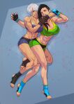  2girls absurdres angel_(kof) barefoot battle black_hair breasts cirenk commission fingerless_gloves gloves grey_hair highres large_breasts laura_matsuda multiple_girls muscular street_fighter submission_hold the_king_of_fighters white_hair wrestling 