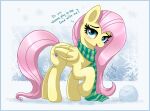  blush cutie_mark dialogue english_text equid equine female feral fluttershy_(mlp) friendship_is_magic hasbro hi_res joakaha looking_at_viewer mammal my_little_pony pegasus scarf snow snowball snowflake solo talking_to_viewer text wings 