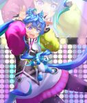  1girl :d ahoge animal_ears aqua_hair black_bodysuit black_ribbon blue_eyes blue_hair bodysuit bunny_pose commentary hair_ribbon heterochromia highres horse_ears horse_girl horse_tail light_particles long_hair long_sleeves looking_at_viewer mary_(194fight) multicolored_coat multicolored_hair open_mouth purple_eyes ribbon screen sharp_teeth sidelocks smile solo stage stage_lights standing stuffed_animal stuffed_bunny stuffed_toy tail teeth twin_turbo_(umamusume) twintails two-tone_hair umamusume umapyoi_densetsu 