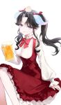  1girl :q absurdres alcohol beer beer_mug black_hair blue_eyes bow bowtie closed_mouth commission cup dress food food_on_face framed_breasts highres invisible_chair long_sleeves looking_at_viewer mug original oyabuli puffy_long_sleeves puffy_sleeves red_bow red_bowtie red_dress shirt sidelocks simple_background sitting smile solo tongue tongue_out twintails white_background white_shirt 