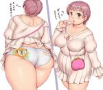 1girl ass bag bangs blush bow breasts brown_eyes collarbone commentary_request cowboy_shot dress english_text from_behind handbag heart large_breasts long_sleeves looking_at_viewer multiple_views musical_note open_mouth original orizen panties pink_hair pleated_dress print_panties simple_background tareme thick_thighs thighs translation_request underwear white_background white_panties 