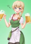  1girl alcohol anti_(untea9) apron beer beer_mug blonde_hair blush braid collarbone cup dress drunk european_clothes green_dress highres holding holding_cup kantai_collection long_hair mug official_alternate_costume open_mouth puffy_short_sleeves puffy_sleeves shin&#039;you_(kancolle) short_sleeves single_braid smile solo white_apron 