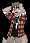  alex_eggleston anthro apollocaelum black_background bottomwear brown_body brown_fur brown_hair clothing domestic_cat eyewear felid feline felis fur glasses hair hi_res male mammal open_mouth panicking pants shirt simple_background solo t-shirt topwear yiik:_a_postmodern_rpg 