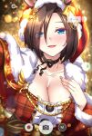  1girl air_groove_(are_you_merry?)_(umamusume) air_groove_(umamusume) animal_ears bangs black_choker blue_eyes blurry blurry_background blush bob_cut bokeh breasts brown_hair capelet choker christmas christmas_tree cleavage commentary depth_of_field dress ear_bow fur-trimmed_capelet fur_trim half-closed_eyes hand_on_own_chest hat highres horse_ears horse_girl illuminate_the_heart_(umamusume) large_breasts looking_at_viewer official_alternate_costume open_mouth plaid plaid_dress red_capelet red_dress red_headwear ribbon_choker santa_costume santa_hat selfie shirokuma_a short_hair smile solo swept_bangs translated umamusume upper_body viewfinder 