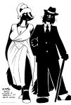  2022 anthro black_and_white breasts cane clothed clothing duo eye_contact female fur gabriel_(sergewolf) hair hat headgear headwear hi_res holding_arm jewelry looking_at_another male male/female mammal mephitid miranda_(sergewolf) monochrome necklace skunk tegerio whiskers 