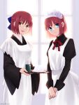  2girls apron blue_eyes bow bowtie collared_shirt commentary_request cup dress food hair_bow half_updo highres hisui_(tsukihime) japanese_clothes kimono kohaku_(tsukihime) long_sleeves looking_at_viewer maid maid_apron maid_headdress multiple_girls onigiri open_mouth own_hands_together puffy_long_sleeves puffy_sleeves red_hair shirt short_hair sleeve_cuffs smile sukiniyaru tea teacup tray tsukihime twitter_username wa_maid white_apron yellow_eyes 