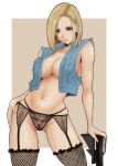  1girl android_18 arm_at_side arm_support bare_arms bare_shoulders black_panties blonde_hair blue_eyes blue_vest border breasts cleavage closed_mouth collarbone commentary_request contrapposto dragon_ball dragon_ball_z expressionless fishnet_thighhighs fishnets forehead garter_belt garter_straps groin gun lace-trimmed_panties lace_trim looking_at_viewer medium_breasts moriton navel panties rifle simple_background sleeveless solo thighhighs topless torn_clothes two-tone_background underwear vest weapon white_border 