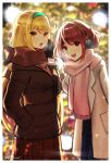  2girls :d bangs black_gloves black_shirt blonde_hair blue_hairband blue_skirt blurry blurry_background breath brown_eyes brown_jacket brown_scarf brown_skirt christmas christmas_tree coat commentary_request depth_of_field earmuffs enpera fringe_trim gloves hairband hand_in_pocket hand_up highres jacket kyosuke1413koba long_hair long_sleeves looking_at_viewer multiple_girls mythra_(xenoblade) open_mouth pink_scarf plaid plaid_skirt pleated_skirt pyra_(xenoblade) red_eyes red_hair scarf shirt skirt smile very_long_hair white_coat xenoblade_chronicles_(series) xenoblade_chronicles_2 