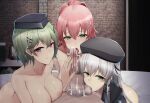  3girls altina_orion bangs black_jacket blush bottomless breasts censored chiyo_(pk19981234) cleavage cum eiyuu_densetsu fellatio green_eyes green_hair grey_hair hat highres jacket juna_crawford large_breasts licking licking_penis long_hair looking_at_viewer male_pubic_hair mosaic_censoring multiple_girls musse_egret nude open_mouth oral penis pov pubic_hair purple_eyes red_hair sen_no_kiseki short_hair smile testicle_sucking 