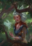  1girl bird blue_eyes branch european_clothes forest gwent_(game) headgear highres looking_at_viewer magic nature non-web_source official_art red_hair spell the_witcher_(series) tree 