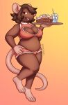  anthro bottomwear breasts brown_body brown_fur brown_hair buckteeth cleavage cleavage_cutout clothed clothing drinking_straw female food fur glass hair heart_cutout hi_res hotpants looking_at_viewer mammal murid murine partially_clothed rat rodent serving_tray shorts skimpy slightly_chubby solo standing teeth topwear vottie vottie_(vottmott) waiter 