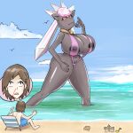  5_fingers absurd_res areola beach big_breasts big_butt bikini blood bodily_fluids breasts brown_hair butt calem_(pok&eacute;mon) clothing diancie duo female fingers generation_6_pokemon grey_body hair hi_res huge_breasts human humanoid larger_female legendary_pokemon male male/female mammal nintendo nipples nosebleed pokemon pokemon_(species) red_eyes seaside size_difference sling_bikini smaller_male surusketch swimwear video_games 