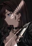  1girl black_background black_jacket blue_eyes breasts brown_hair chain chain_necklace choker earrings elisia_valfelto expressionless hair_intakes highres jacket jewelry light light_particles long_hair luicent naked_jacket necklace original simple_background sketch small_breasts solo 