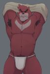  anthro armpit_hair asian_clothing barechested blush body_hair clothed clothing east_asian_clothing fangs fundoshi fundoshi_only fur hands_behind_head hi_res japanese_clothing kumatetsu male mammal muscular muscular_anthro muscular_male navel pecs pubes red_body red_fur smile solo underwear underwear_only undressing ursid zcdartz 
