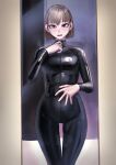  1girl absurdres black_eyes blush brown_hair catsuit front_zipper highres kilye_kairi latex legs_together looking_at_mirror looking_at_viewer medium_hair mirror original parted_lips reflection skin_tight solo thigh_gap tsurime 