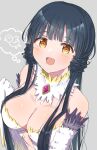  1girl :d annzuwann bangs bare_shoulders black_hair blush breasts cleavage commentary_request feathers harpy highres idolmaster idolmaster_million_live! idolmaster_million_live!_theater_days kitakami_reika large_breasts long_hair looking_at_viewer low_twintails monster_girl monsterification open_mouth smile solo thought_bubble twintails white_feathers white_wings winged_arms wings yellow_eyes 