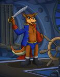  absurd_res anthro blue_clothing blue_underwear boots briefs canid canine chest_tuft clothed clothing disney don_karnage footwear hi_res looking_at_viewer male mammal melee_weapon navel open_clothing open_topwear partially_clothed solo sword tacomytaco talespin topwear tuft underwear vest weapon 
