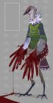  4_toes anthro avian beak biped bird bird_feet blood blood_on_hand blood_splatter bluekiwi101 bodily_fluids bottomwear brown_body brown_feathers clawed_fingers claws clothed clothing digital_media_(artwork) digitigrade feather_hands feathered_arms feathered_crest feathered_wings feathers feet green_eyes grey_body grey_feathers head_crest hi_res male multicolored_body nude off/on simple_background solo standing sweater tail_feathers talons toe_claws toes topwear tuft white_body white_feathers winged_arms wings 