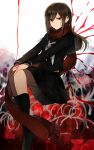  1girl abstract_background bangs black_sailor_collar black_serafuku black_skirt black_socks brown_hair closed_mouth enpera false_smile fingernails flower hair_ornament hairclip hand_on_own_knee highres kagerou_project kohaku_(ib6910801) long_hair long_scarf long_sleeves looking_at_viewer mekakucity_actors midriff_peek neckerchief no_shoes own_hands_together pleated_skirt red_eyes red_scarf sailor_collar scarf school_uniform serafuku serious sitting skirt smile socks solo staring string string_around_finger string_of_fate tateyama_ayano tsurime white_background white_flower white_neckerchief white_spider_lily 