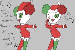 animate_inanimate button_eyes christmas christmas_clothing christmas_headwear clothing clown doll dress female green_eyes green_hair grey_background hair handwear happy_harvey headgear headwear hi_res holidays humanoid legwear living_doll missing_eye mittens musical_note phone_drawing plushie red_hair simple_background singing solo thigh_highs white_body 