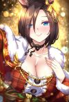  1girl air_groove_(are_you_merry?)_(umamusume) air_groove_(umamusume) animal_ears bangs black_choker blue_eyes blurry blurry_background blush bob_cut bokeh breasts brown_hair capelet choker christmas christmas_tree cleavage closed_mouth commentary depth_of_field dress ear_bow fur-trimmed_capelet fur_trim half-closed_eyes hand_on_own_chest highres horse_ears horse_girl illuminate_the_heart_(umamusume) large_breasts looking_at_viewer official_alternate_costume plaid plaid_dress red_capelet red_dress ribbon_choker santa_costume selfie shirokuma_a short_hair smile solo swept_bangs umamusume upper_body 
