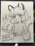  1girl animal_ears blush completely_nude dated flat_chest food highres itou_yuuji looking_at_viewer medium_hair mouse_ears mouse_tail nazrin nib_pen_(medium) nude open_mouth photo_(medium) pointing signature solo tail touhou traditional_media 
