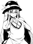  1girl absurdres bdsm blush bondage bound breasts cleavage closed_mouth food fruit hat high_contrast highres himajin_noizu hinanawi_tenshi index_finger_raised leaf long_hair looking_at_viewer monochrome peach puffy_sleeves rope sidelocks simple_background small_breasts solo sweatdrop touhou upper_body 