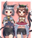  2girls :&lt; :3 :d animal_ear_fluff animal_ears bike_shorts blush border brown_hair capelet cat_ears cat_tail chen clothes_lift commission dress dress_lift earrings green_headwear grey_hair hat heart highres ibaraki_natou jewelry lifted_by_another lifted_by_self mouse_ears mouse_tail multiple_girls multiple_tails nazrin nekomata notice_lines outside_border pink_background shorts single_earring skeb_commission skirt skirt_hold skirt_lift smile squiggle tail touhou two_tails white_border 