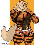  2022 abs absurd_res anthro anthrofied arcanine artist_name barazoku big_bulge big_muscles body_hair bulge claws clothed clothing darknaigart fur generation_1_pokemon hand_on_shoulder happy_trail hi_res huge_muscles male mane muscular muscular_anthro muscular_male navel nintendo obliques pecs pokemon pokemon_(species) pokemorph pubes simple_background smile solo standing teeth thick_thighs topless topless_anthro topless_male tuft underwear video_games 