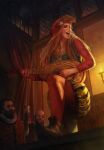  1girl bard blonde_hair brown_footwear candelabra candlestand european_clothes gwent_(game) hat_feather highres instrument music night non-web_source official_art playing_instrument shoes tavern the_witcher_(series) 