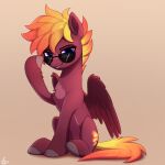  2022 chest_tuft cutie_mark digital_media_(artwork) equid equine eyebrows eyewear fan_character feathered_wings feathers female feral fur hair hasbro hooves inner_ear_fluff luminousdazzle mammal my_little_pony orange_hair orange_tail pegasus purple_eyes red_body red_feathers red_fur sitting solo sunglasses tuft wings 