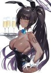  1girl alcohol animal_ears bangs bare_shoulders black_hair black_leotard blue_archive blush breasts cleavage cup dark-skinned_female dark_skin detached_collar drinking_glass fake_animal_ears fishnet_pantyhose fishnets gloves halo highleg highleg_leotard highres karin_(blue_archive) karin_(bunny)_(blue_archive) kinta_(distortion) large_breasts leotard long_hair looking_at_viewer pantyhose playboy_bunny ponytail rabbit_ears sidelocks solo tray very_long_hair white_gloves wine yellow_eyes 