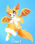  3_fingers 3_toes absurd_res anthro blue_background blush chest_tuft chiropteran dust:_an_elysian_tail feet female fidget_(elysian_tail) fingers flat_chested fluffy flying foot_tuft fur heel_tuft hi_res hindpaw hip_tuft looking_at_viewer low-angle_view mammal membrane_(anatomy) membranous_wings nimbat nude one_eye_closed open_mouth open_smile orange_body orange_fur paws pink_nose satori_(verfyhi) shoulder_tuft simple_background smile solo text toes tuft video_games white_body white_fur wings wink 