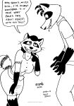  2022 anthro belladonna_(tegerio) bodily_fluids bottomwear breasts canid canine clothed clothing dialogue drooling duo english_text female fox gloves_(marking) hi_res leg_markings male male/female mammal markings procyonid raccoon rick2tails saliva skirt socks_(marking) tegerio text 