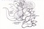  2022 3_toes alien anklet anthro claws dialogue english_text feet female foot_focus greyscale jewelry lizard monkey_wrench_(series) monochrome reptile scalie sketch soles solo text thebigmansini toe_claws toes tyneen_(monkey_wrench) 